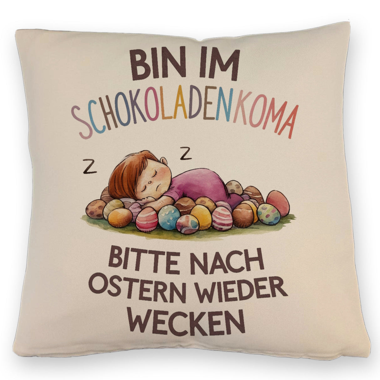 Schokoladenkoma Kissen Kind auf Schokoladeneiern