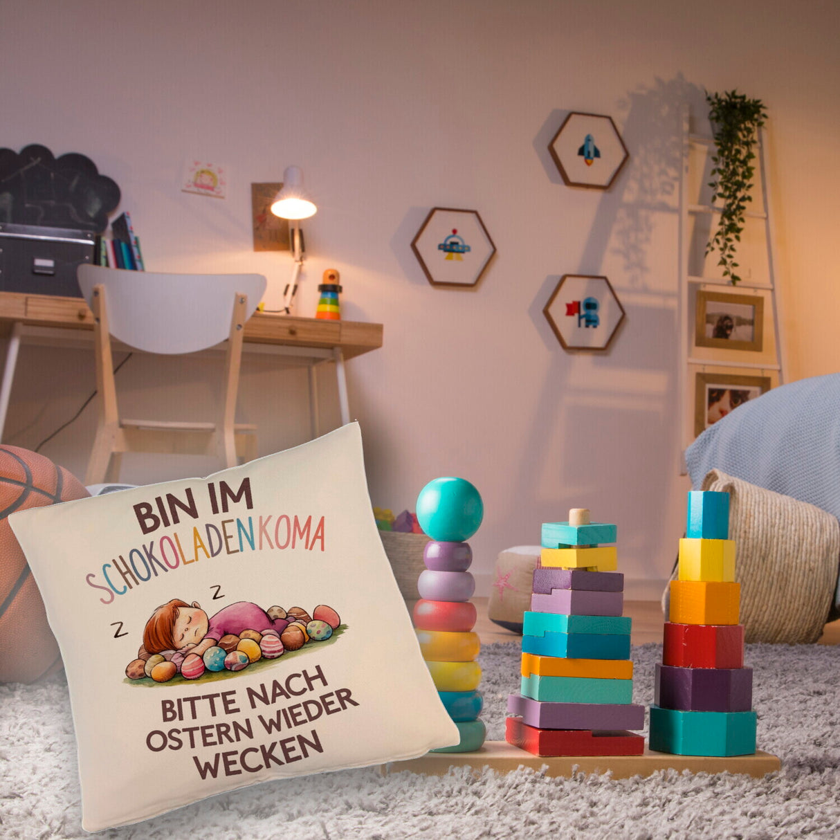 Schokoladenkoma Kissen Kind auf Schokoladeneiern