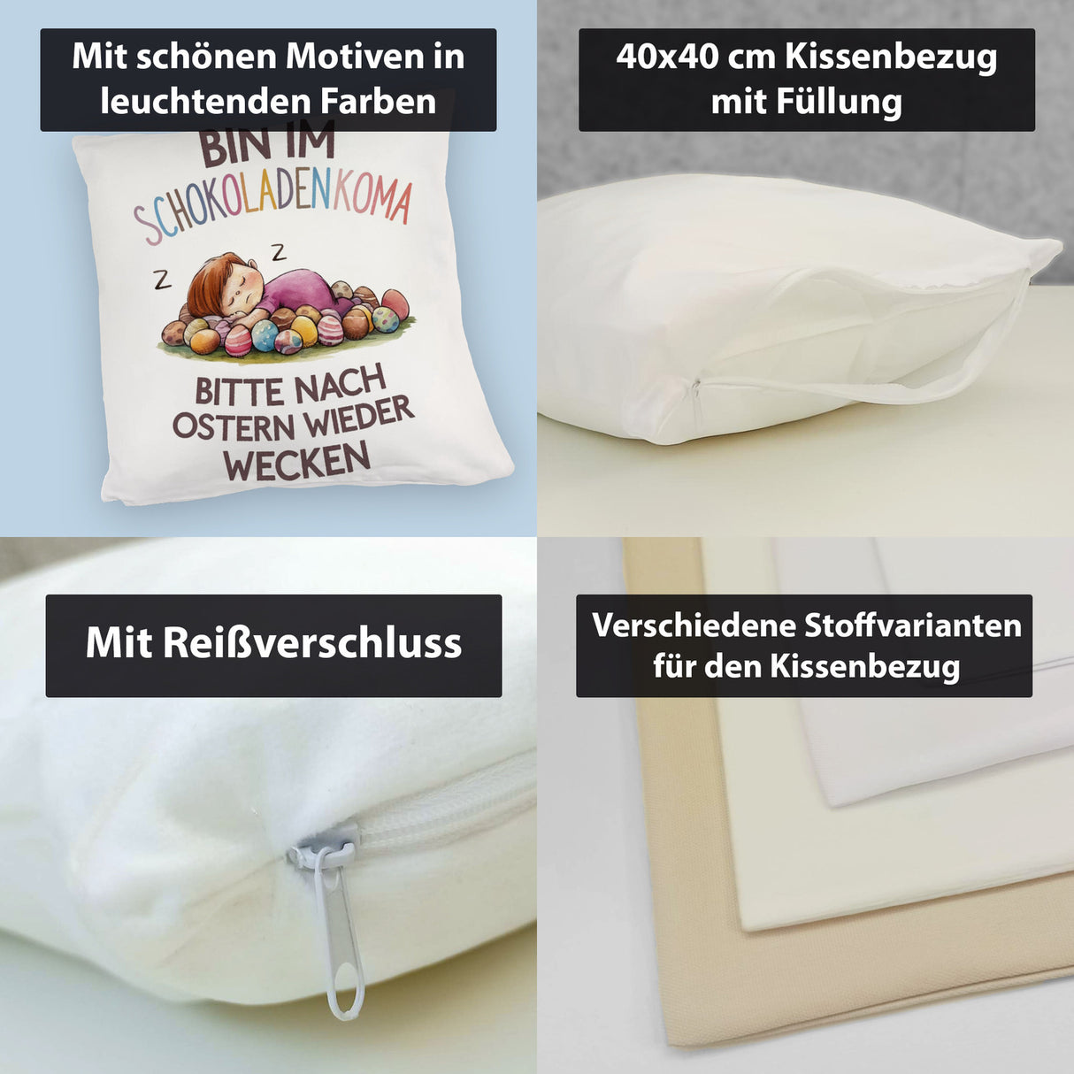 Schokoladenkoma Kissen Kind auf Schokoladeneiern
