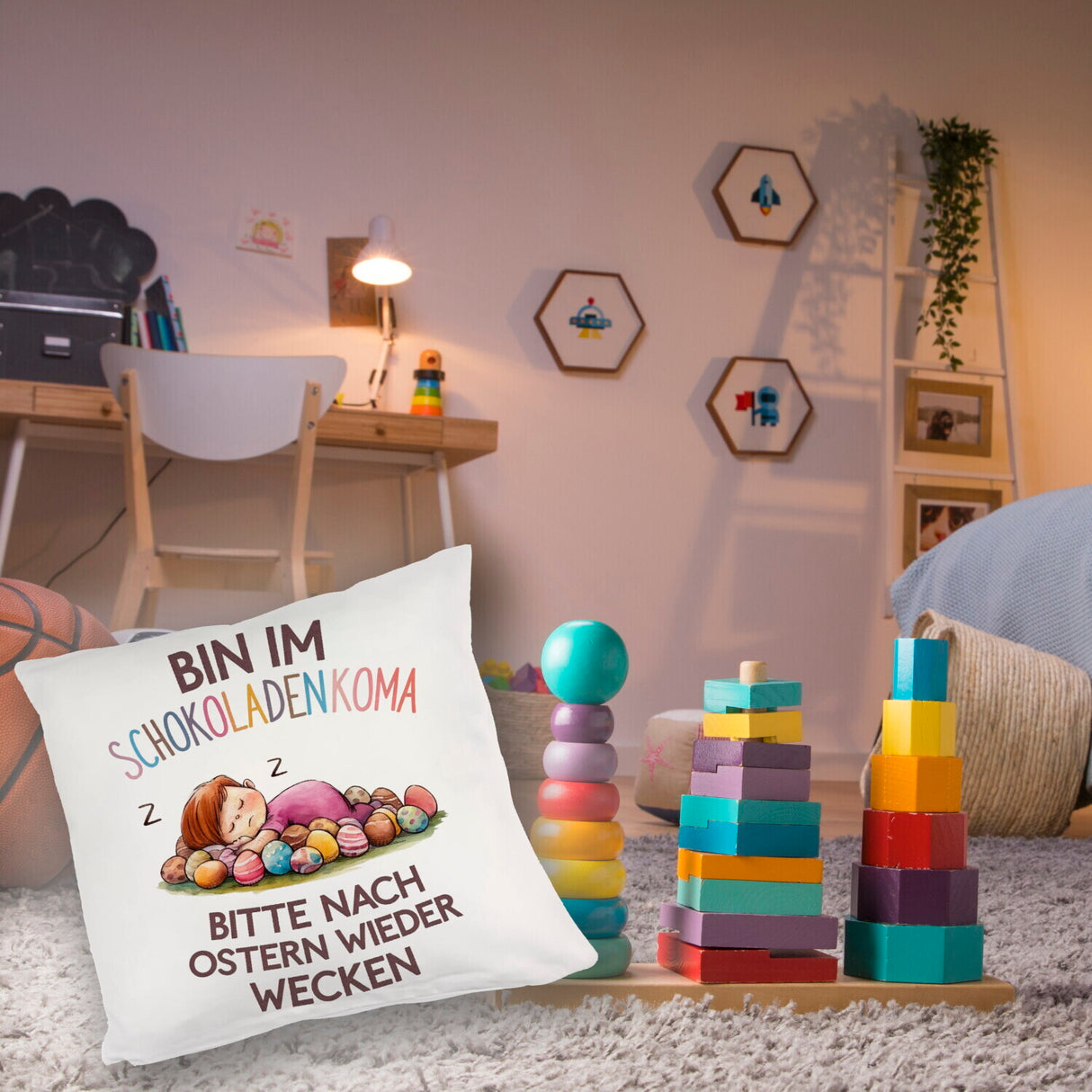 Schokoladenkoma Kissen Kind auf Schokoladeneiern