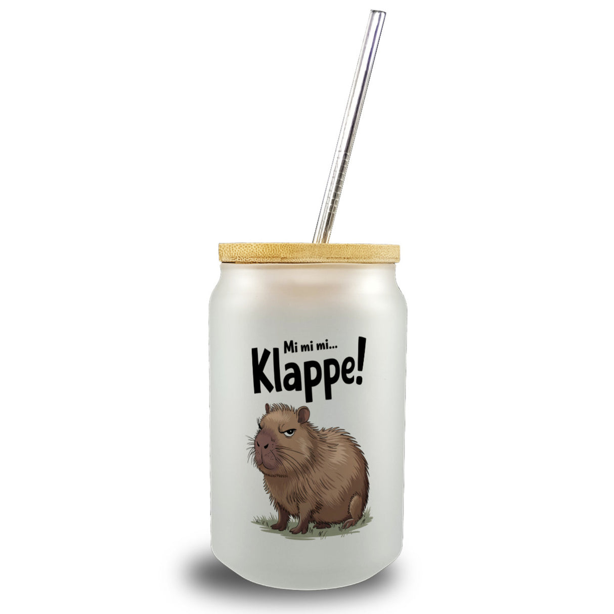 Mi mi mi... Klappe! Grimmiges Cabybara Trinkglas mit Bambusdeckel