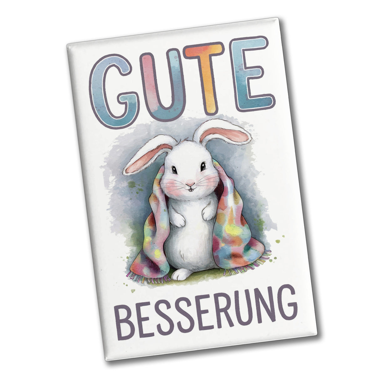 Gute Besserung Souvenir Souvenir Magnet - weißes Kaninchen in einer Decke