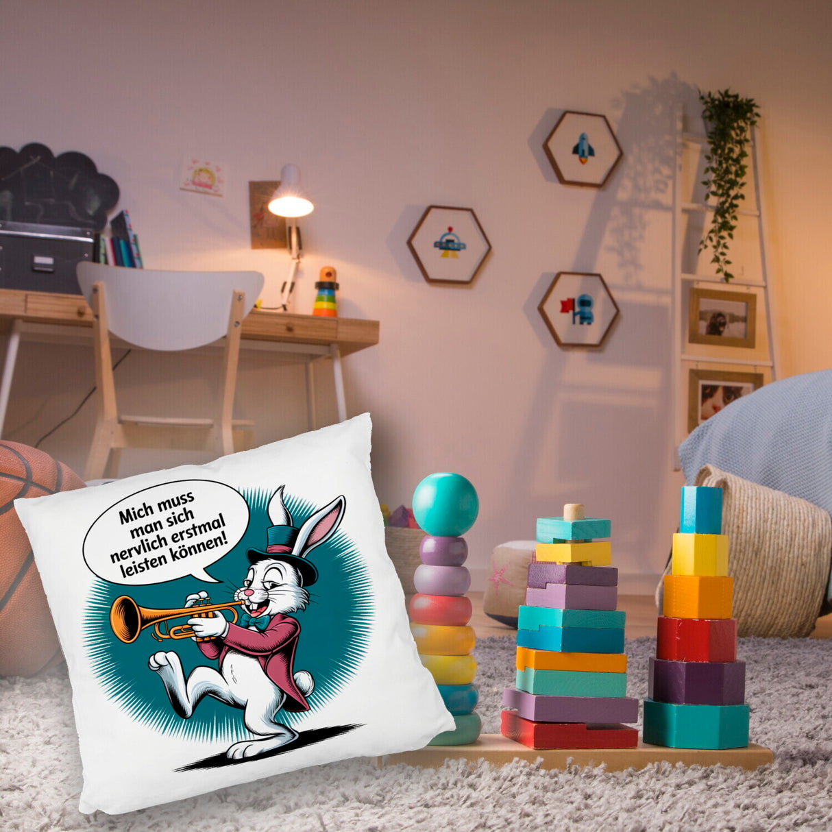 Nerviger Hase Kissen mit Trompete - bin nervig