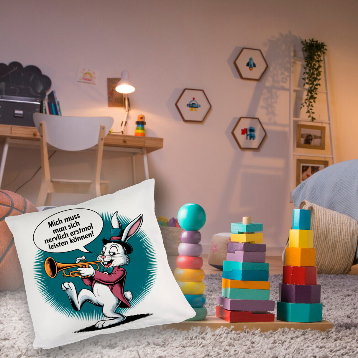 Nerviger Hase Kissen mit Trompete - bin nervig