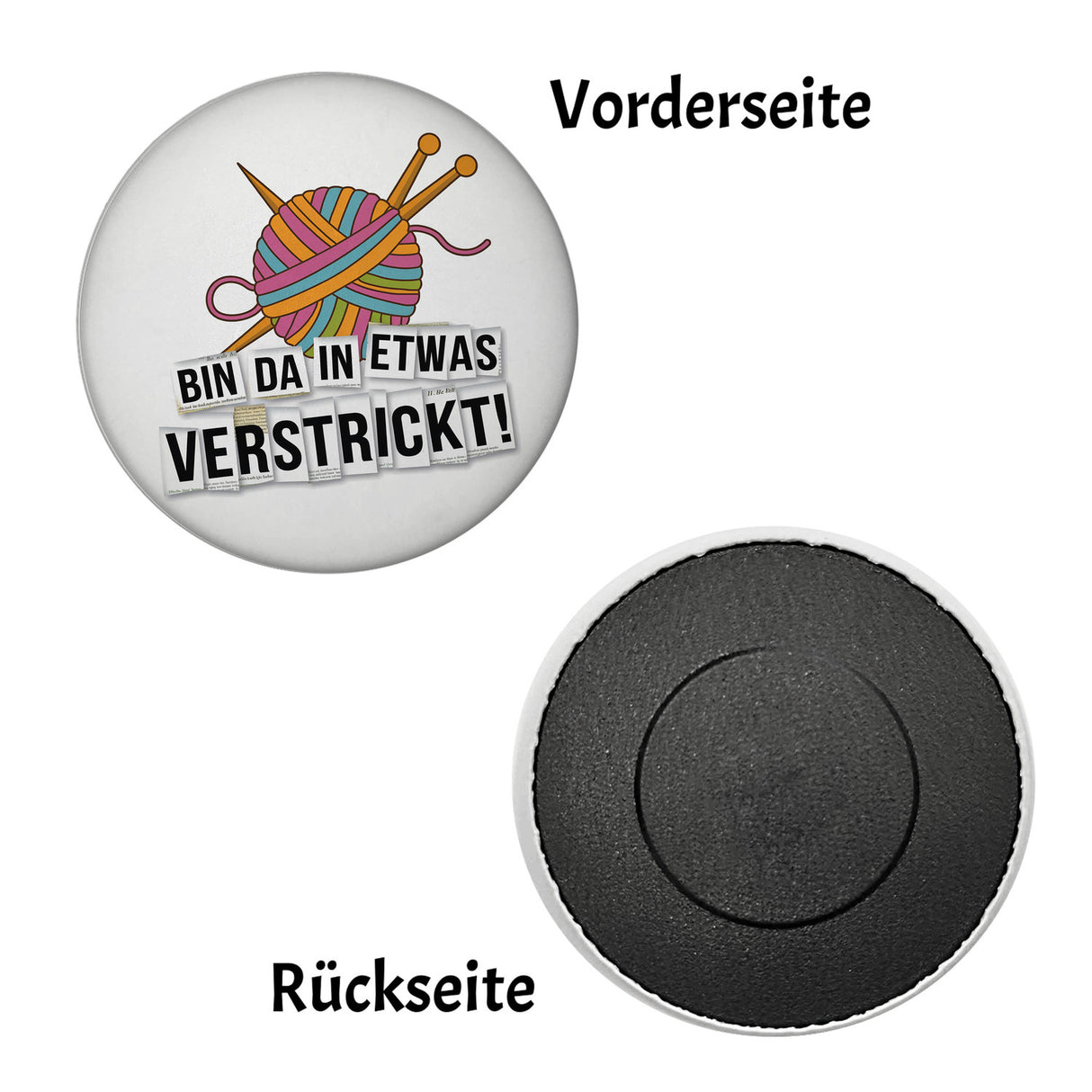 Bin da in etwas verstrickt Magnet mit Wolle und Stricknadeln