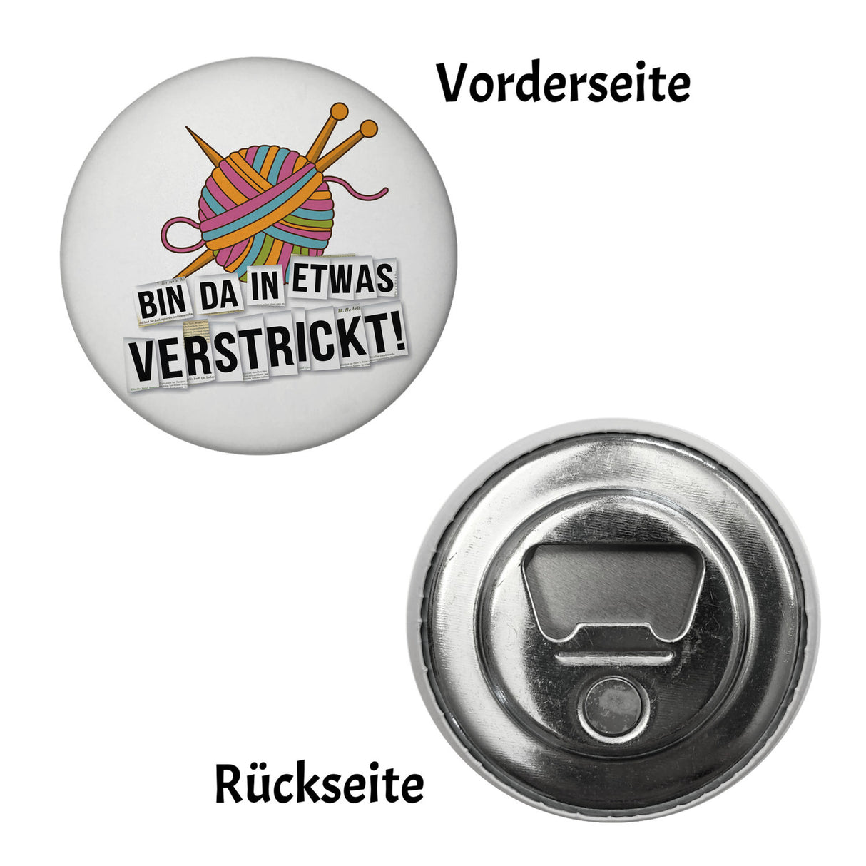 Bin da in etwas verstrickt Magnet mit Wolle und Stricknadeln