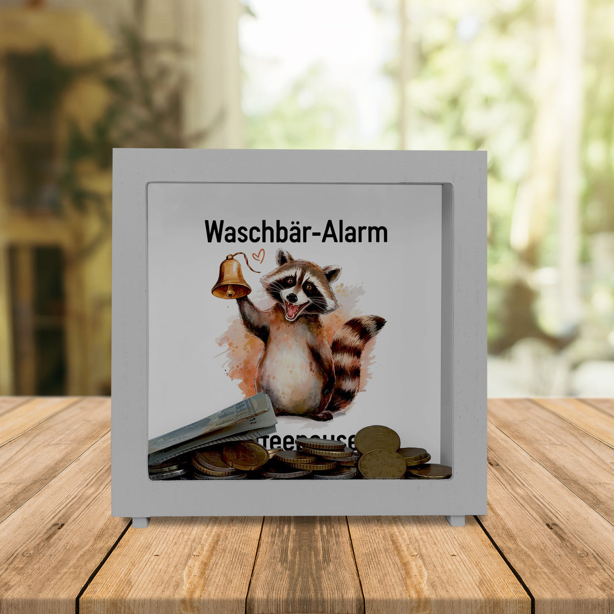 Waschbär mit Glocke - Kaffeepause Spardose
