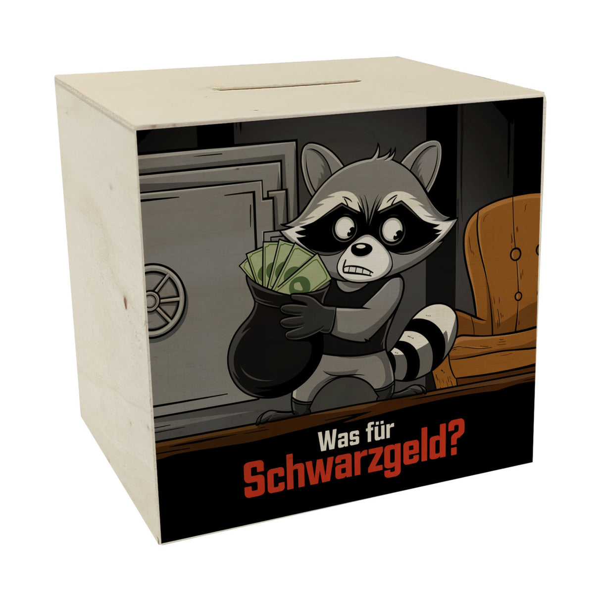 Schwarzgeld Spardose mit diebischem Waschbär