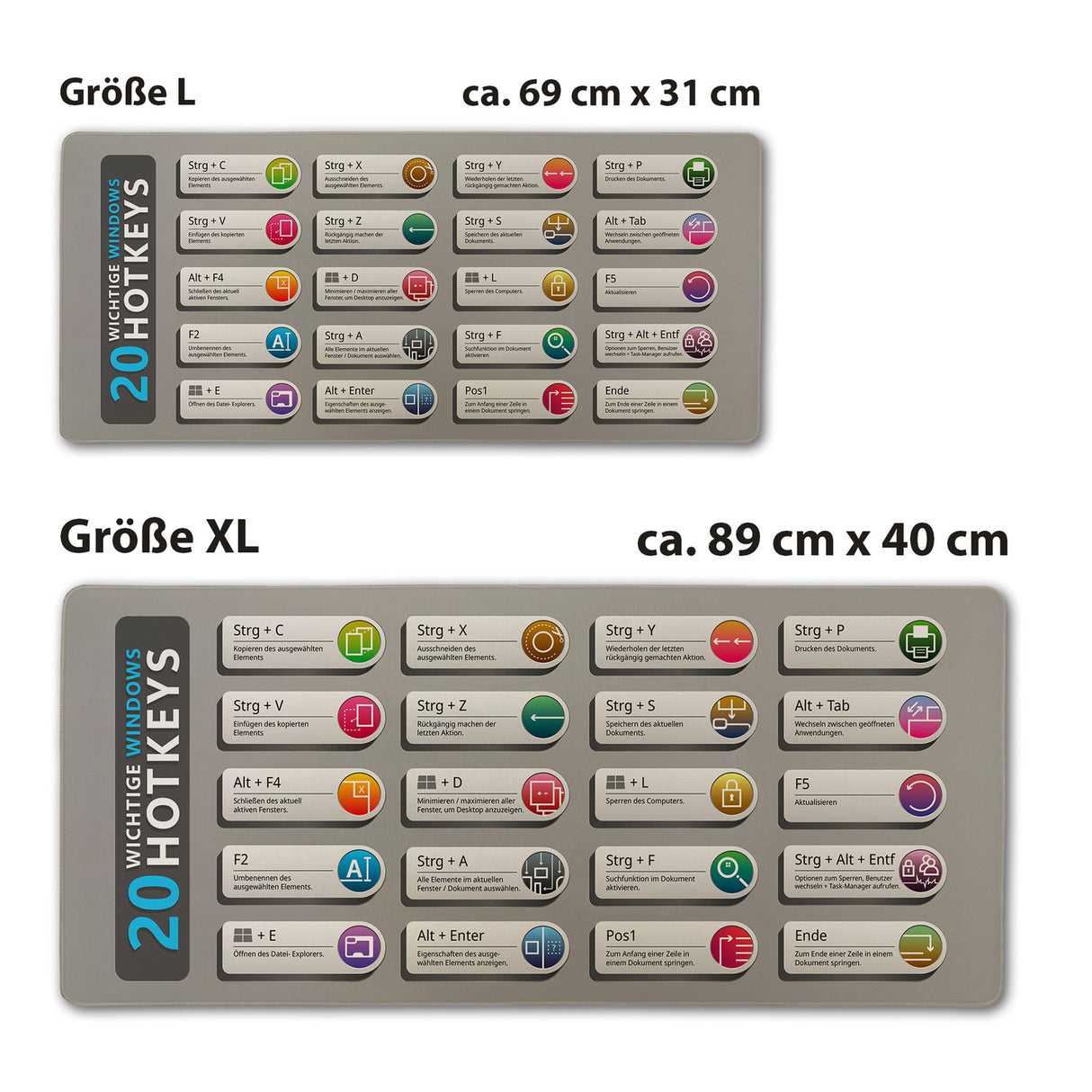 Windows Hotkeys Schreibtischunterlage 69x31cm XXL Mauspad - 20 Wichtige Hotkeys