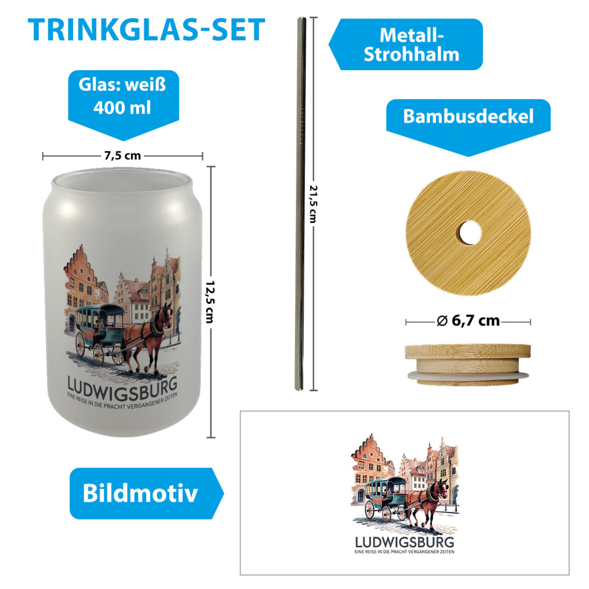 Ludwigsburg Reise Trinkglas mit Bambusdeckel Pferdekutsche auf Kopfsteinpflaster