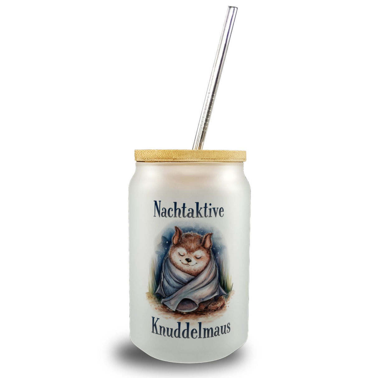Nachtaktive Knuddelmaus Trinkglas mit Bambusdeckel Kuschelige Fledermaus