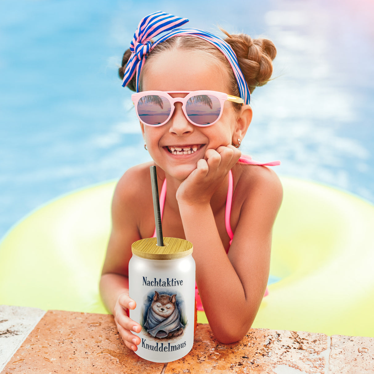 Nachtaktive Knuddelmaus Trinkglas mit Bambusdeckel Kuschelige Fledermaus