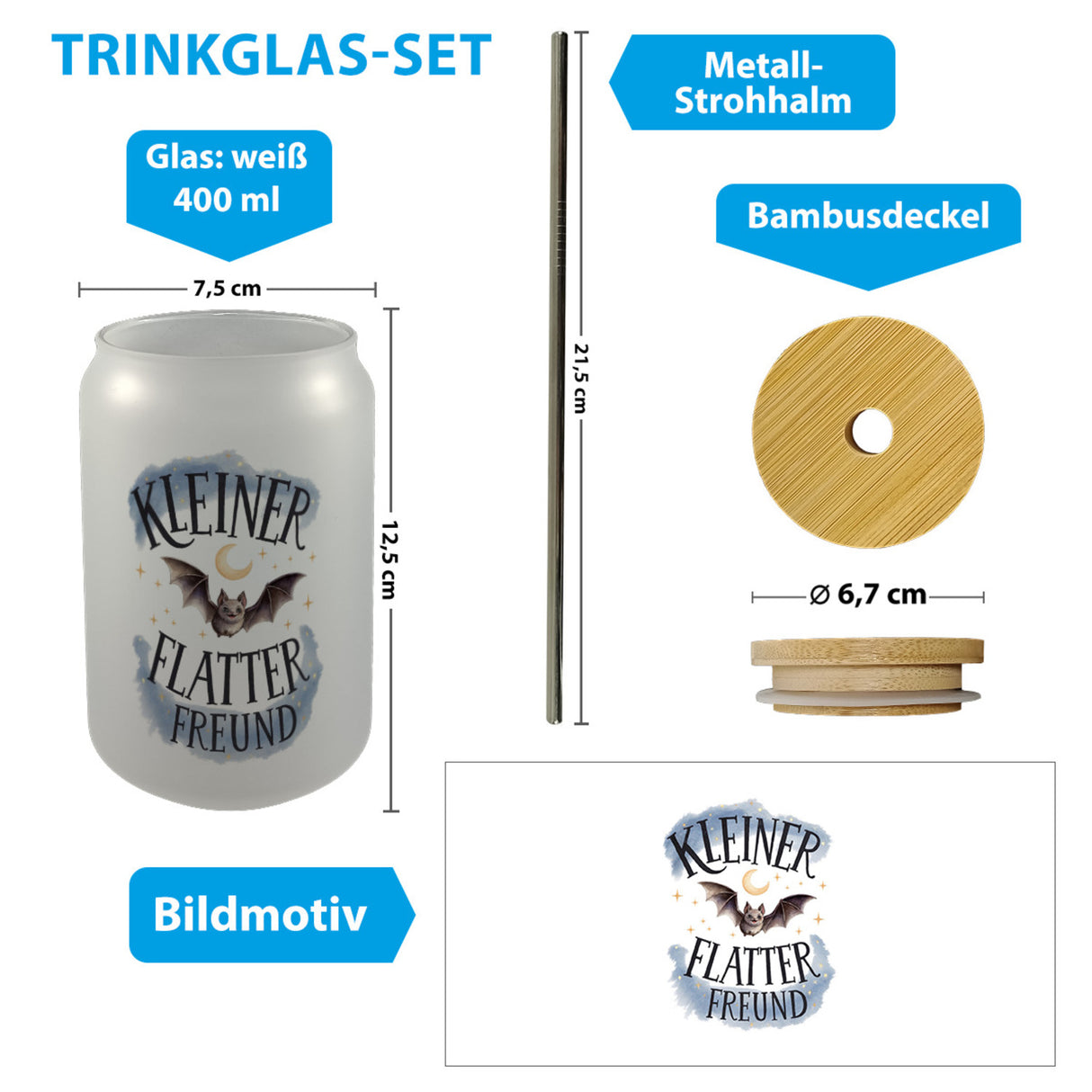 Kleiner Flatterfreund Fledermaus Trinkglas mit Bambusdeckel