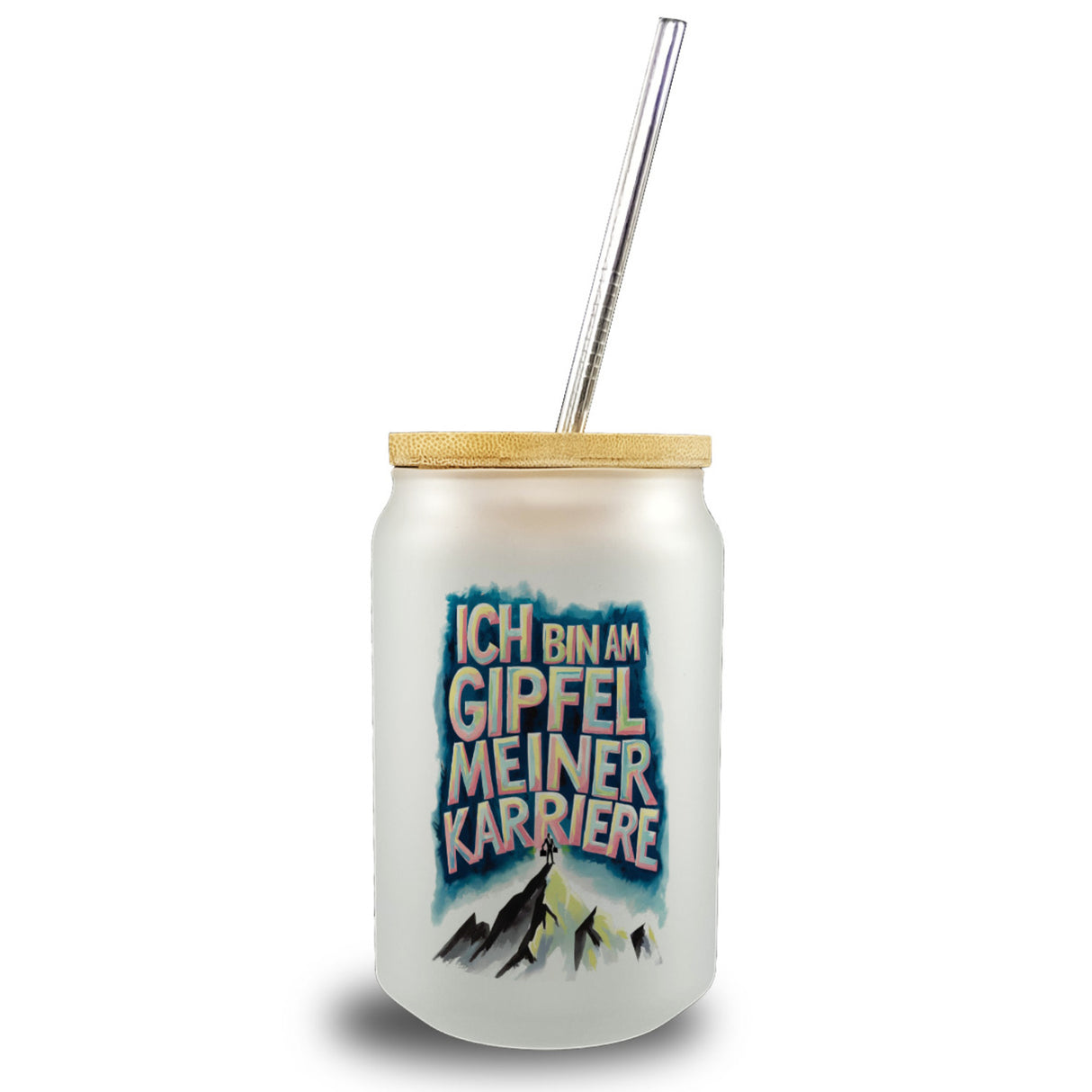 Gipfel meiner Karriere Trinkglas mit Bambusdeckel Geschäftsperson auf Berggipfel