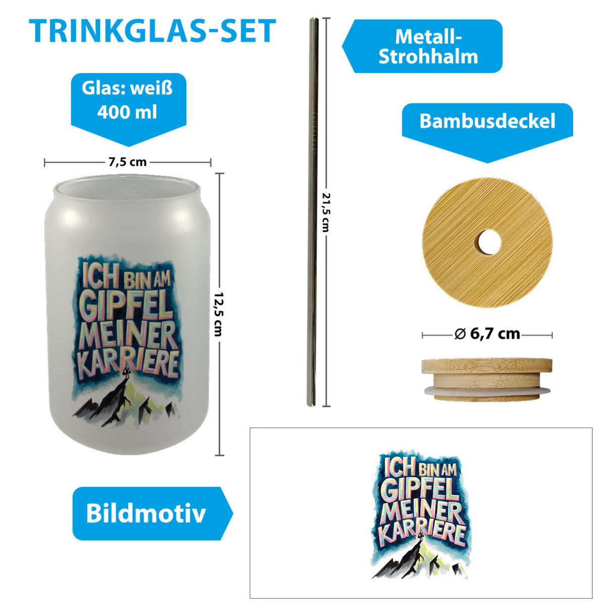 Gipfel meiner Karriere Trinkglas mit Bambusdeckel Geschäftsperson auf Berggipfel