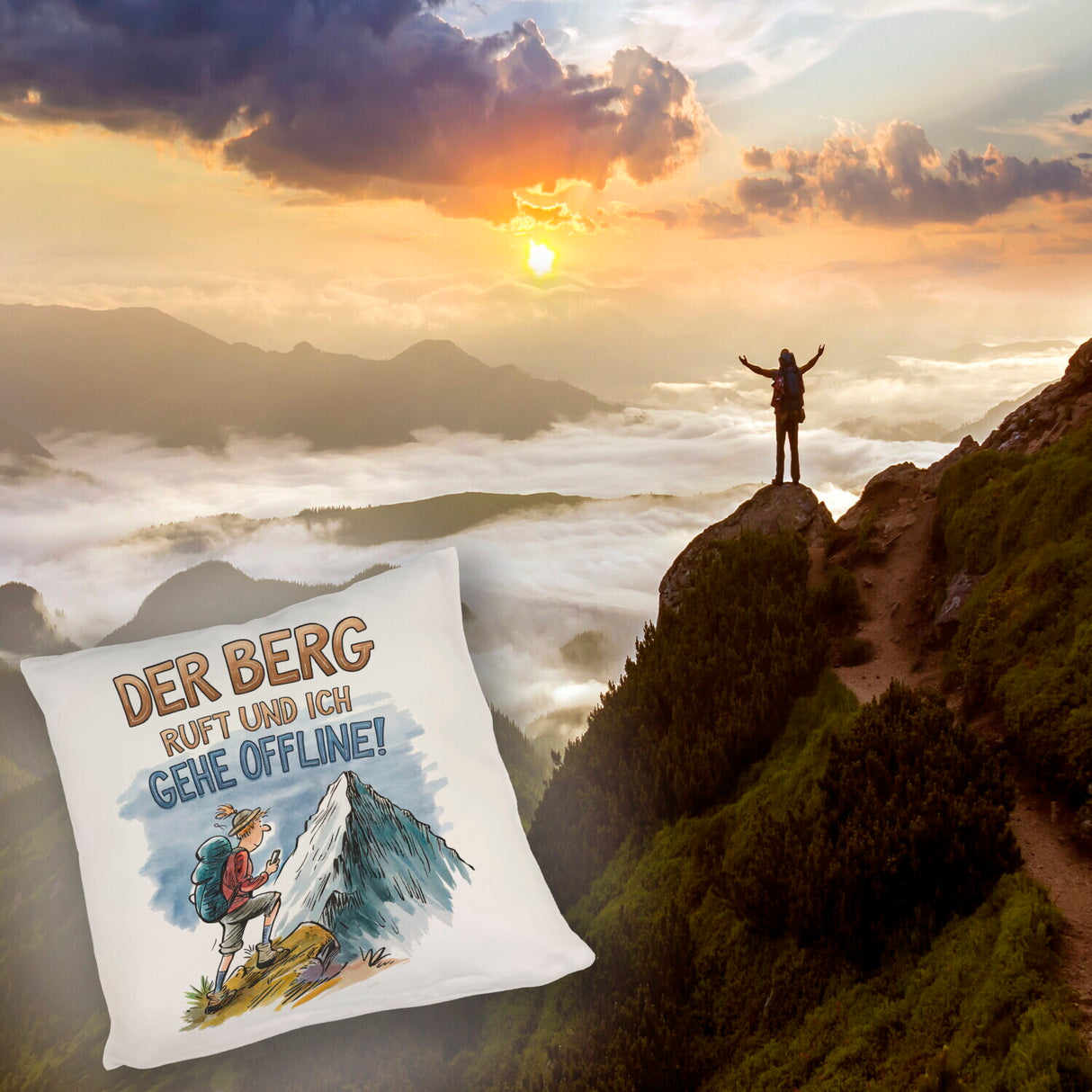 Der Berg ruft Kissen Wanderer mit Rucksack