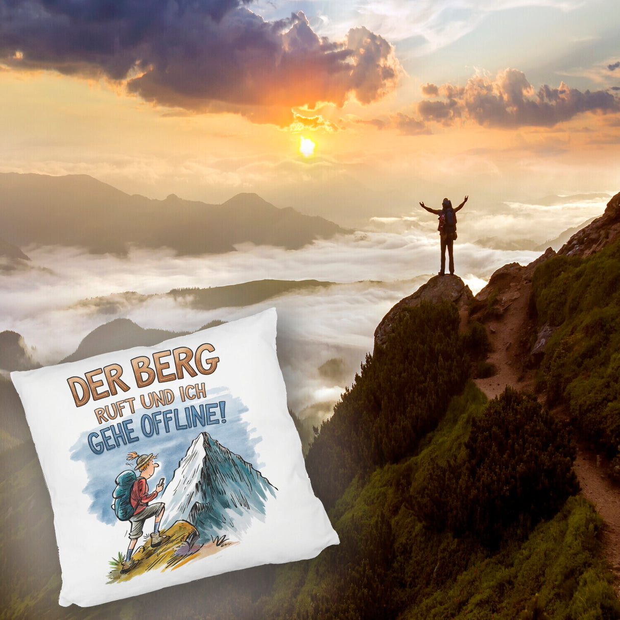 Der Berg ruft Kissen Wanderer mit Rucksack