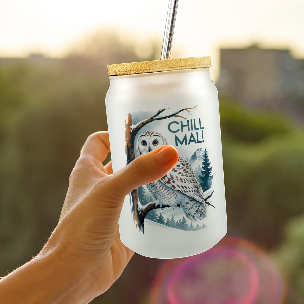 Chill mal Trinkglas mit Bambusdeckel Schneeeule auf Ast