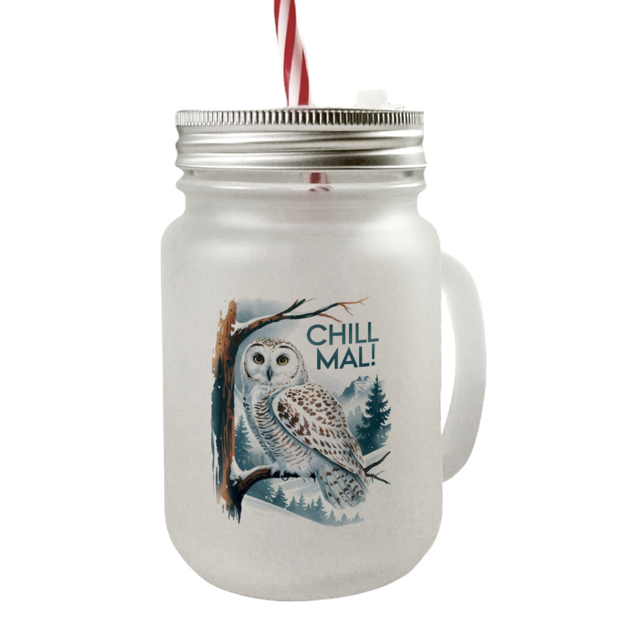 Chill mal Trinkglas mit Bambusdeckel Schneeeule auf Ast