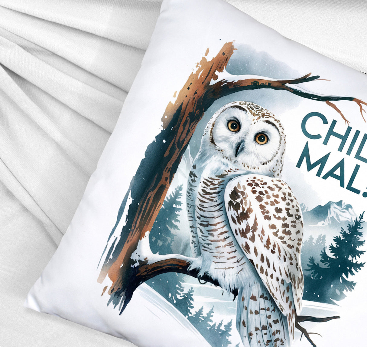 Chill mal Kissen Schneeeule auf Ast