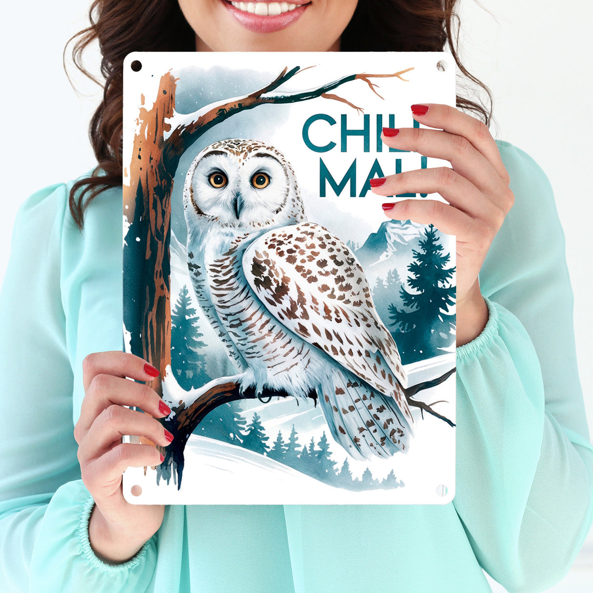 Chill mal Metallschild in 15x20 cm Schneeeule auf Ast