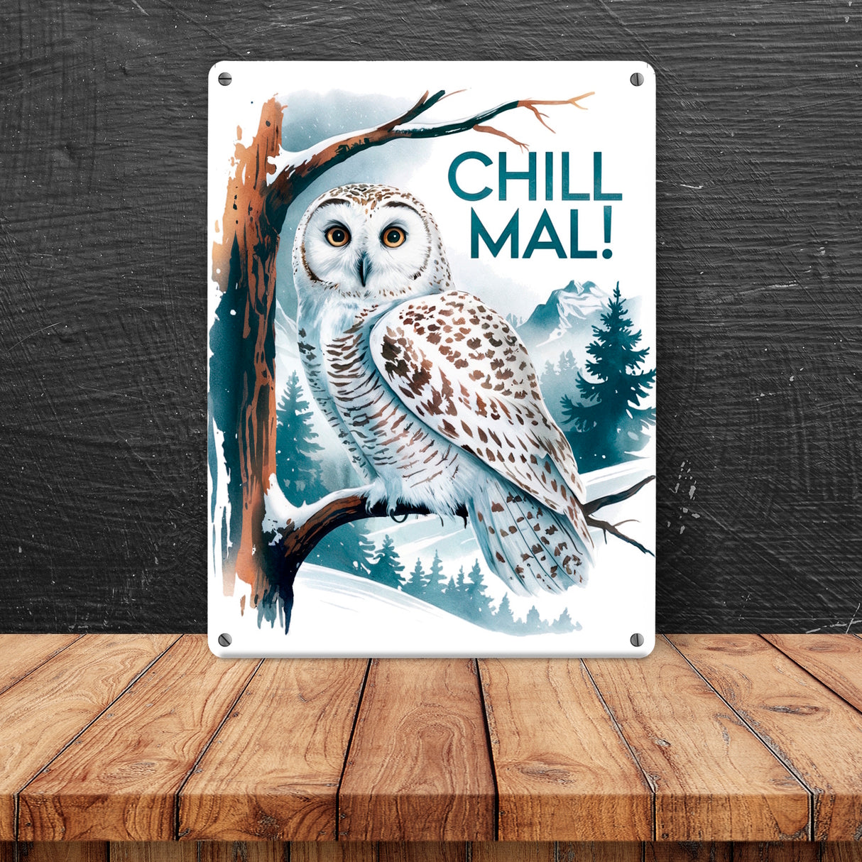 Chill mal Metallschild in 15x20 cm Schneeeule auf Ast