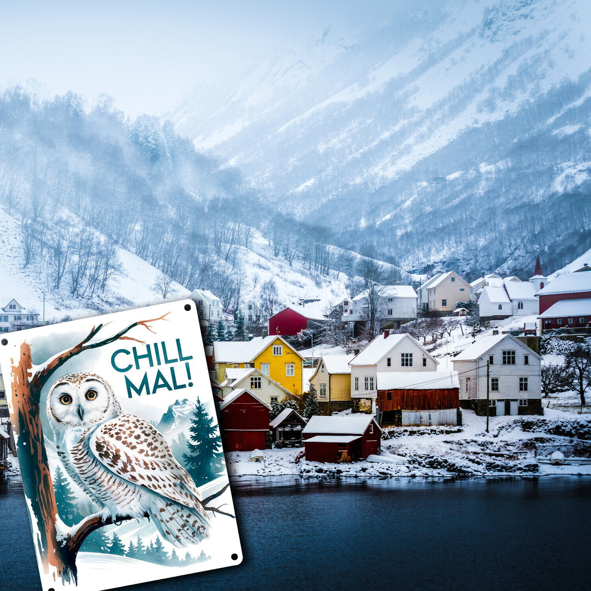 Chill mal Metallschild in 15x20 cm Schneeeule auf Ast