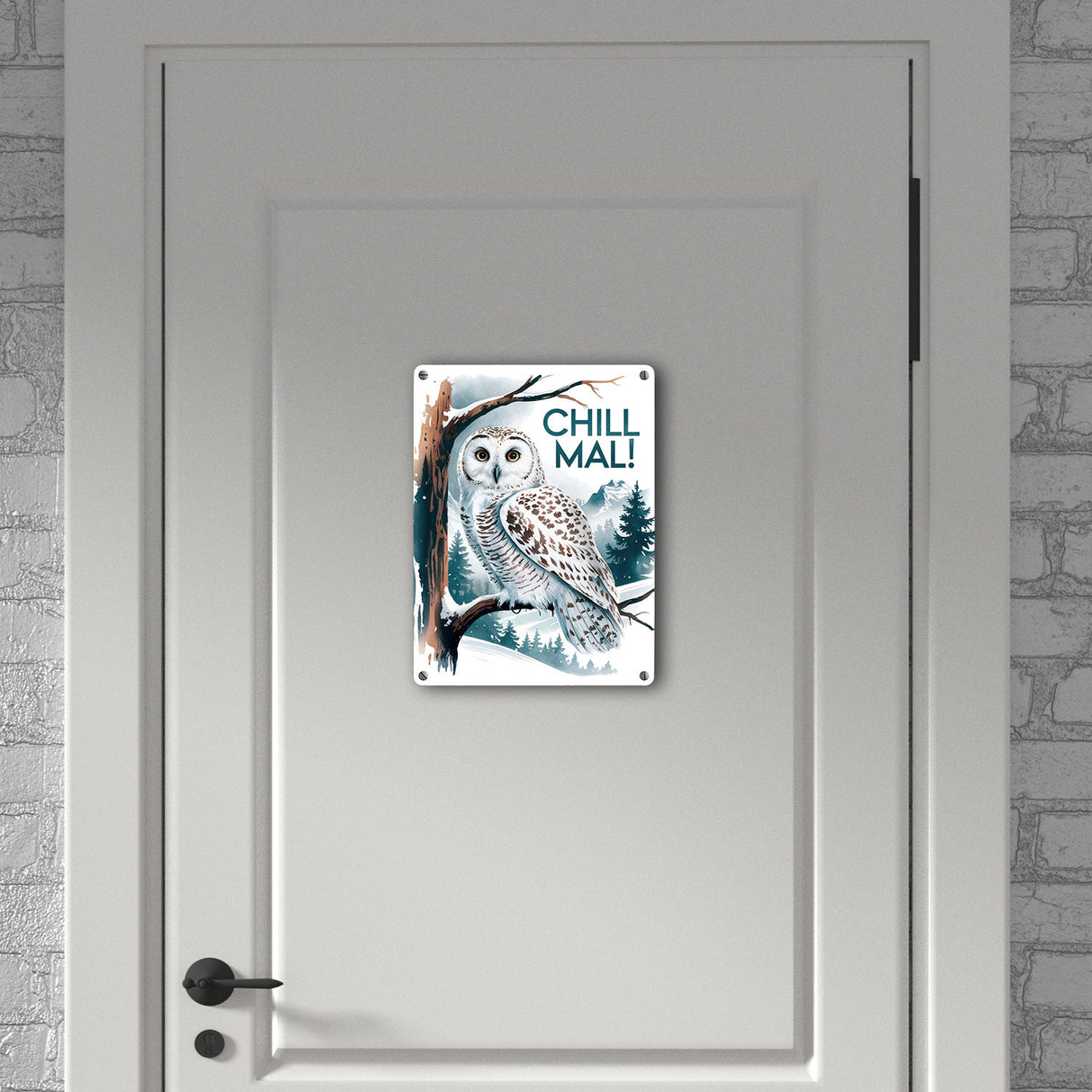 Chill mal Metallschild in 15x20 cm Schneeeule auf Ast