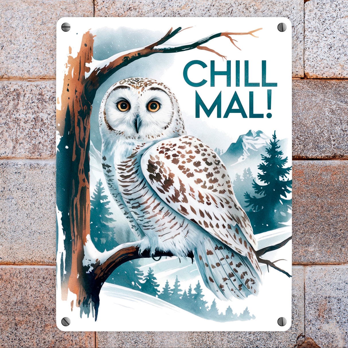 Chill mal Metallschild in 15x20 cm Schneeeule auf Ast
