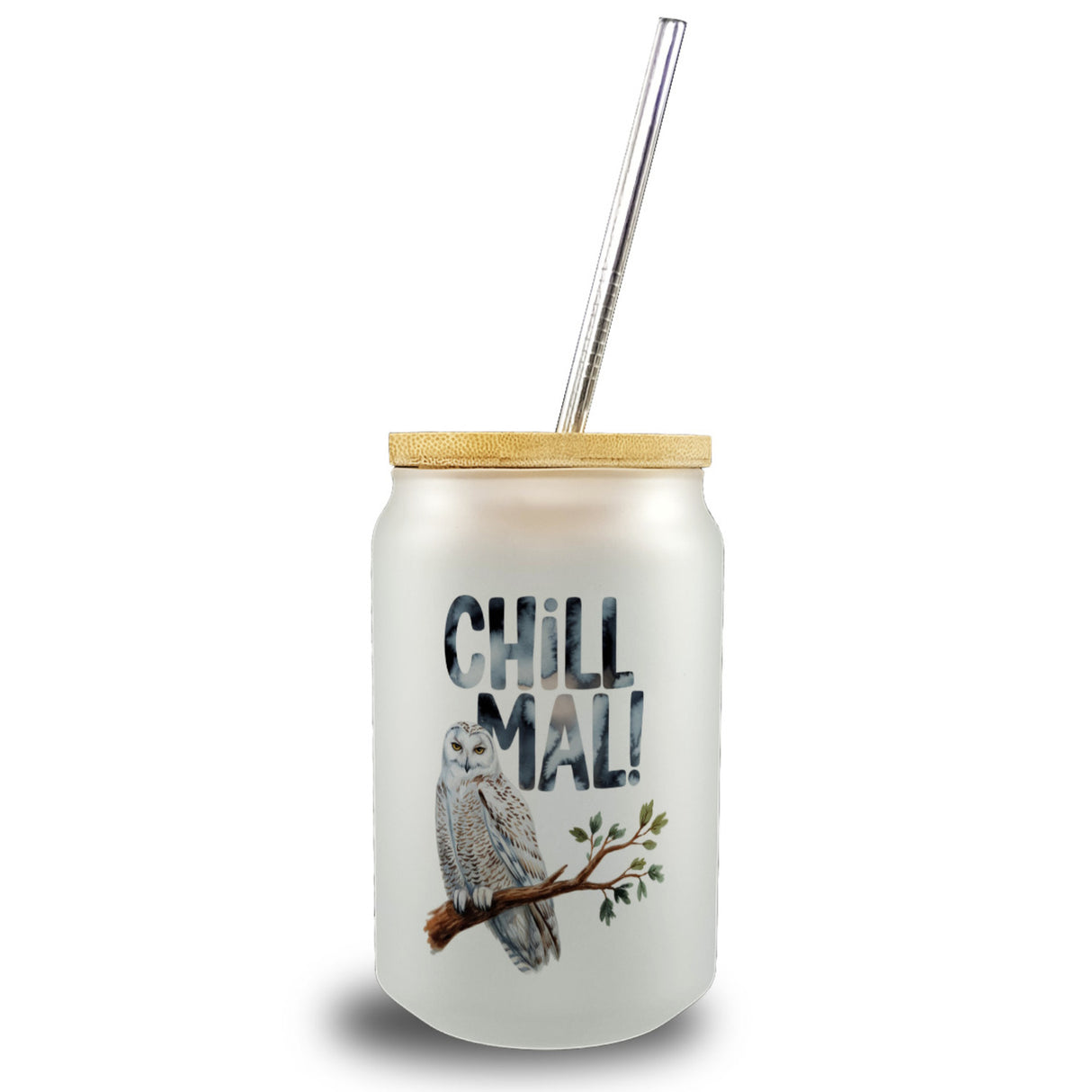 Entspannte Schneeeule Chill mal Trinkglas mit Bambusdeckel