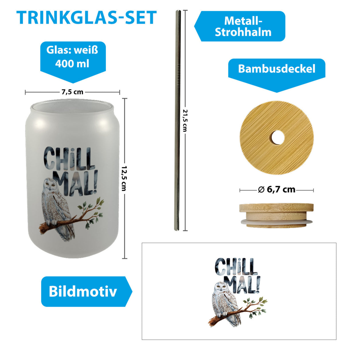 Entspannte Schneeeule Chill mal Trinkglas mit Bambusdeckel