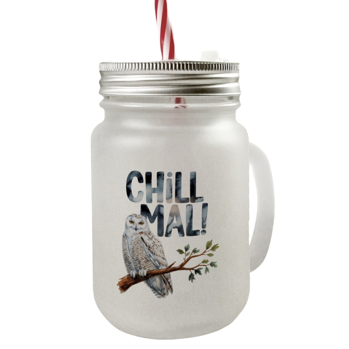 Entspannte Schneeeule Chill mal Trinkglas mit Bambusdeckel