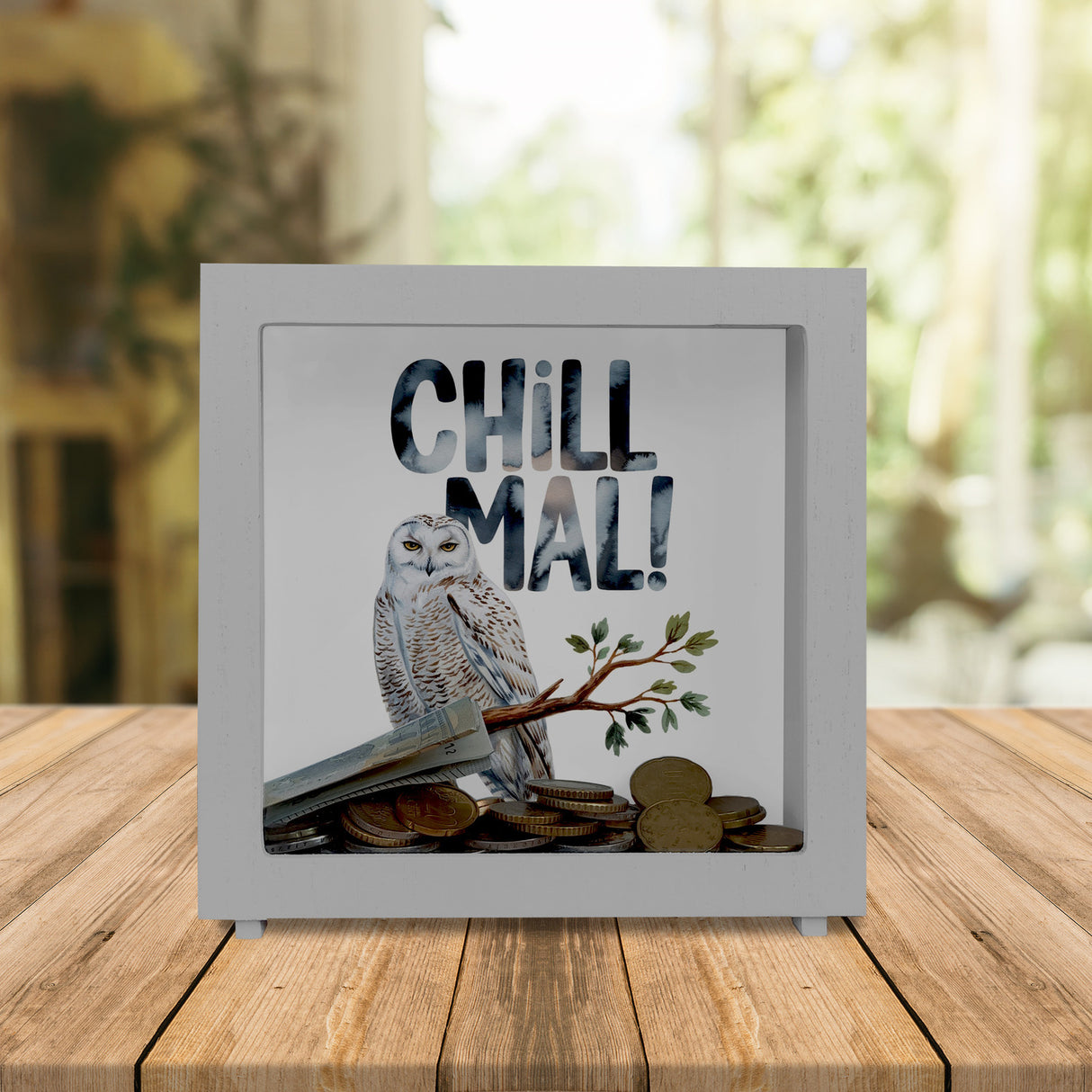 Entspannte Schneeeule Chill mal Spardose