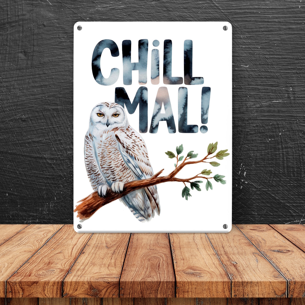 Entspannte Schneeeule Chill mal Metallschild in 15x20 cm