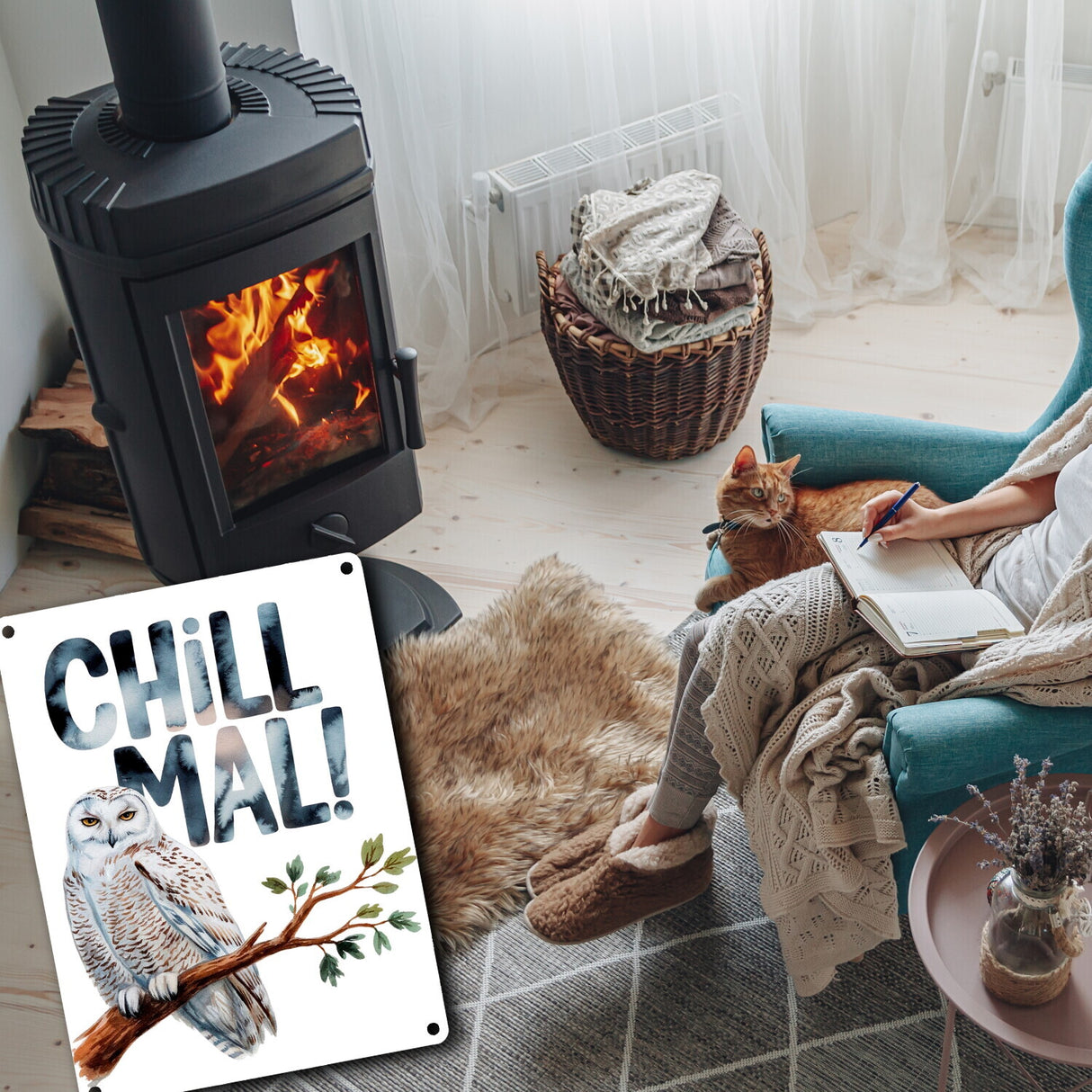 Entspannte Schneeeule Chill mal Metallschild in 15x20 cm