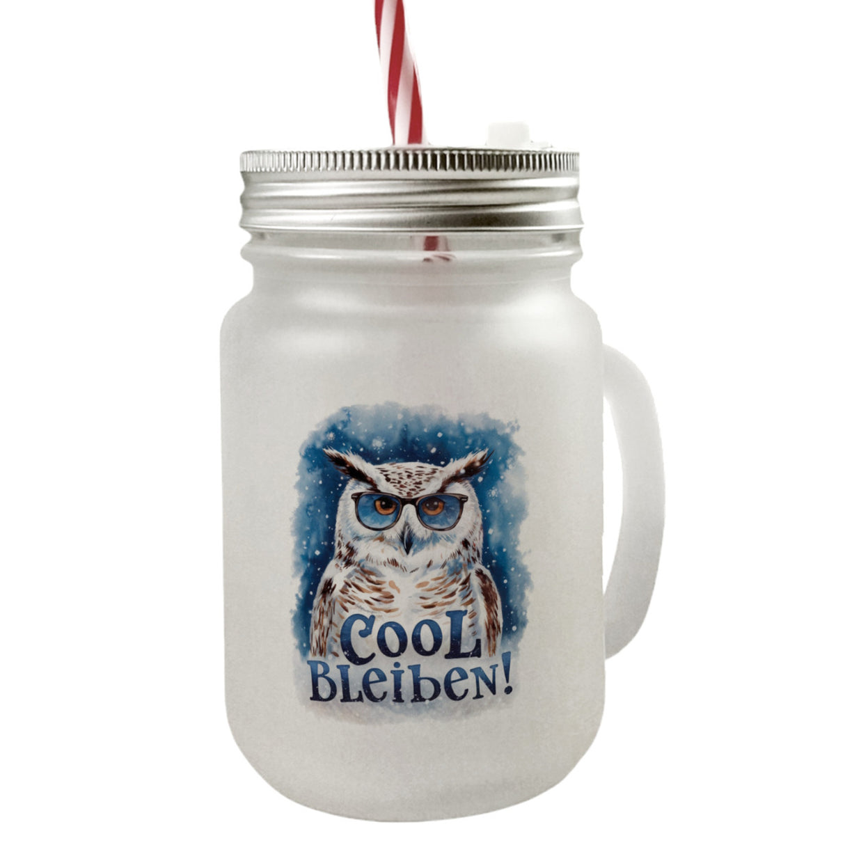 Cool bleiben Trinkglas mit Bambusdeckel Schneeeule mit Sonnenbrille