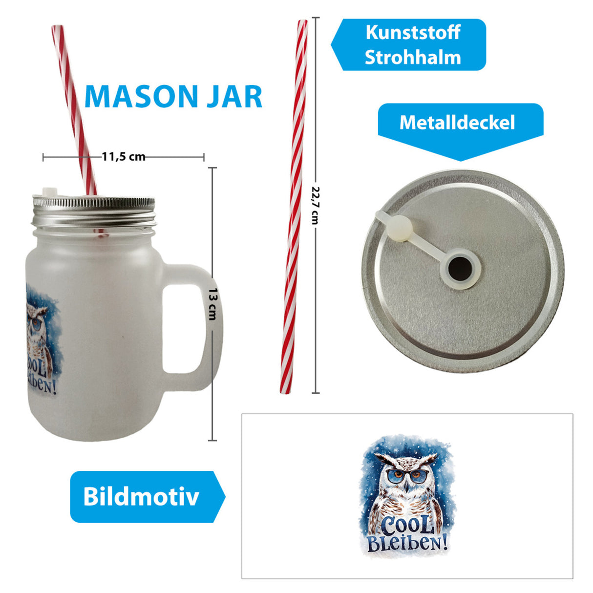 Cool bleiben Trinkglas mit Bambusdeckel Schneeeule mit Sonnenbrille
