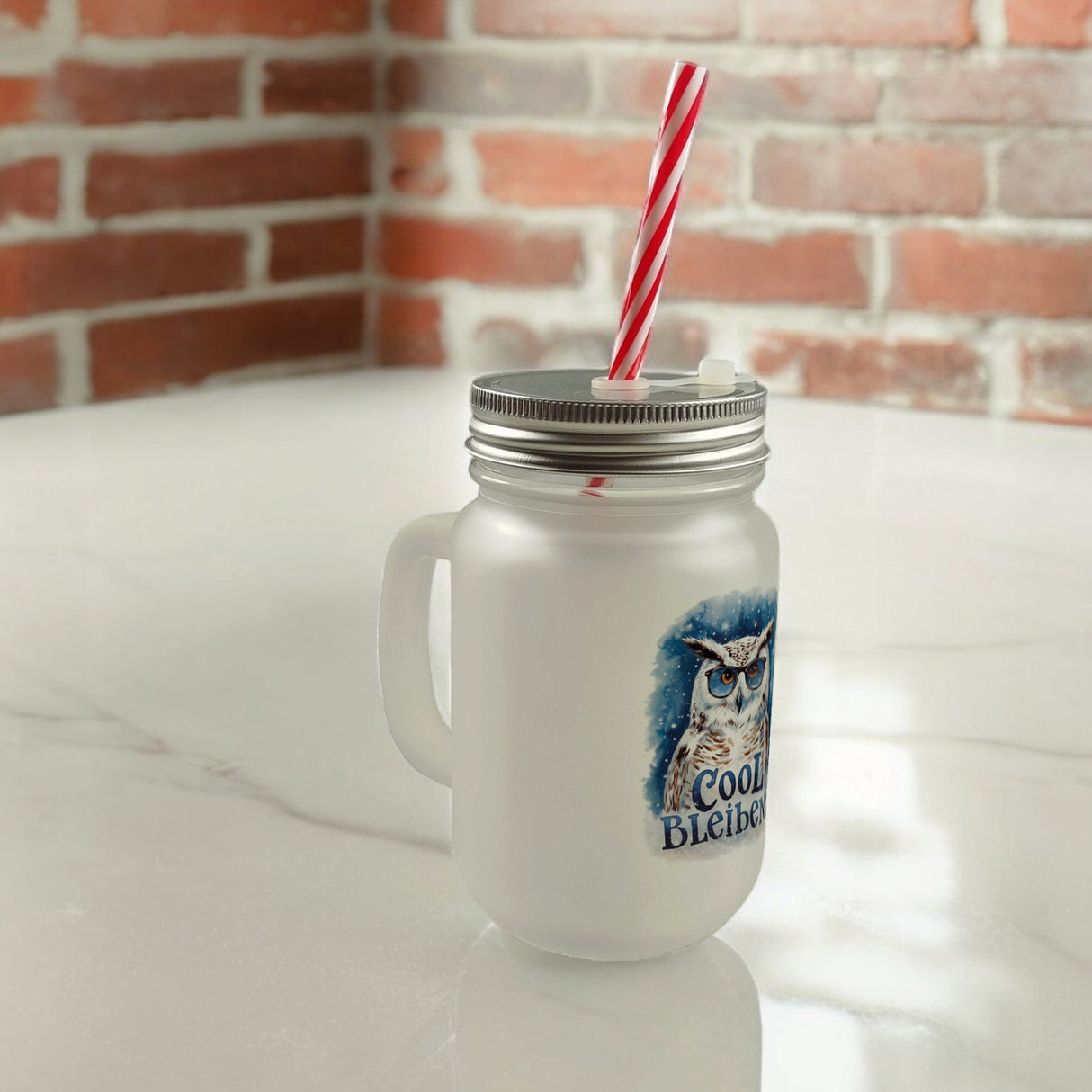 Cool bleiben Trinkglas mit Bambusdeckel Schneeeule mit Sonnenbrille
