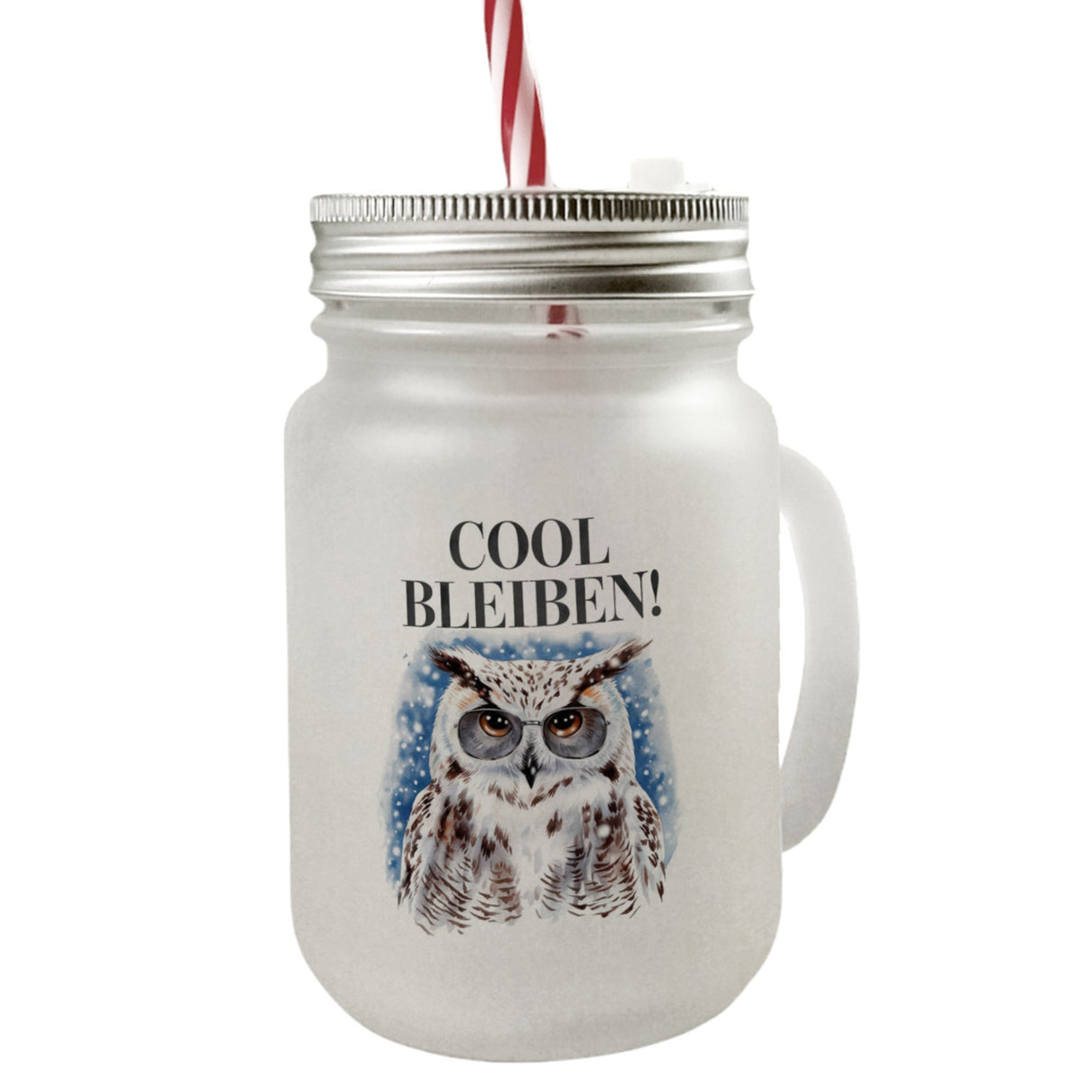 Schneeeule mit Sonnenbrille Cool bleiben Trinkglas mit Bambusdeckel