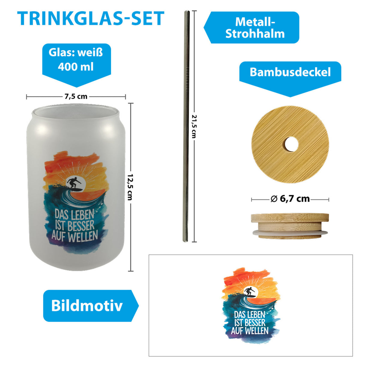 Surfer auf Welle Besser auf Wellen Trinkglas mit Bambusdeckel