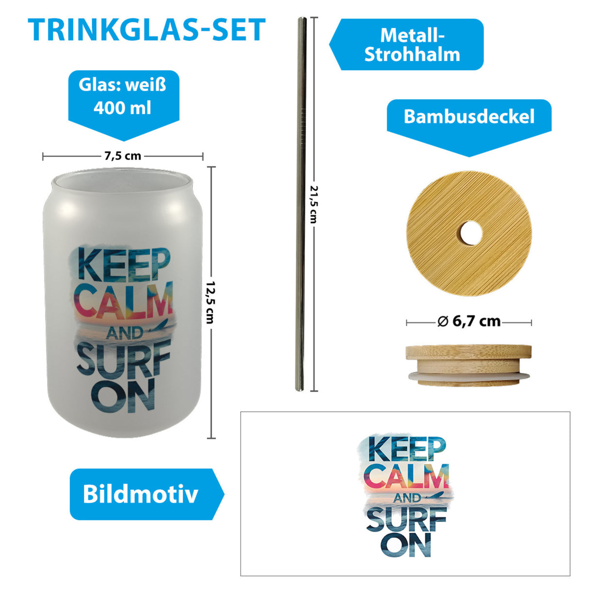 Surfer auf Welle Keep Calm and surf on Trinkglas mit Bambusdeckel