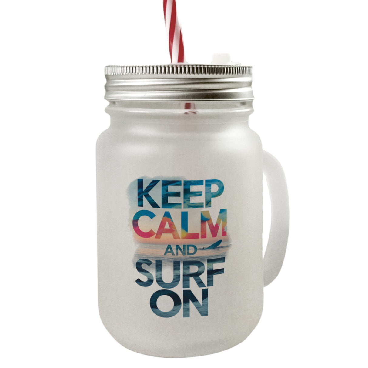 Surfer auf Welle Keep Calm and surf on Trinkglas mit Bambusdeckel