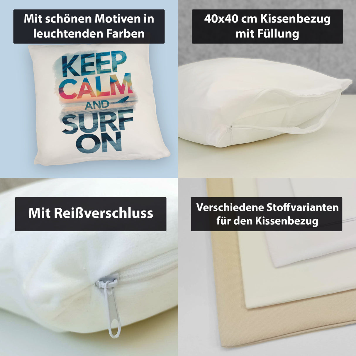 Surfer auf Welle Keep Calm and surf on Kissen