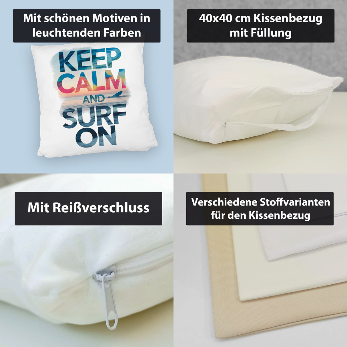 Surfer auf Welle Keep Calm and surf on Kissen