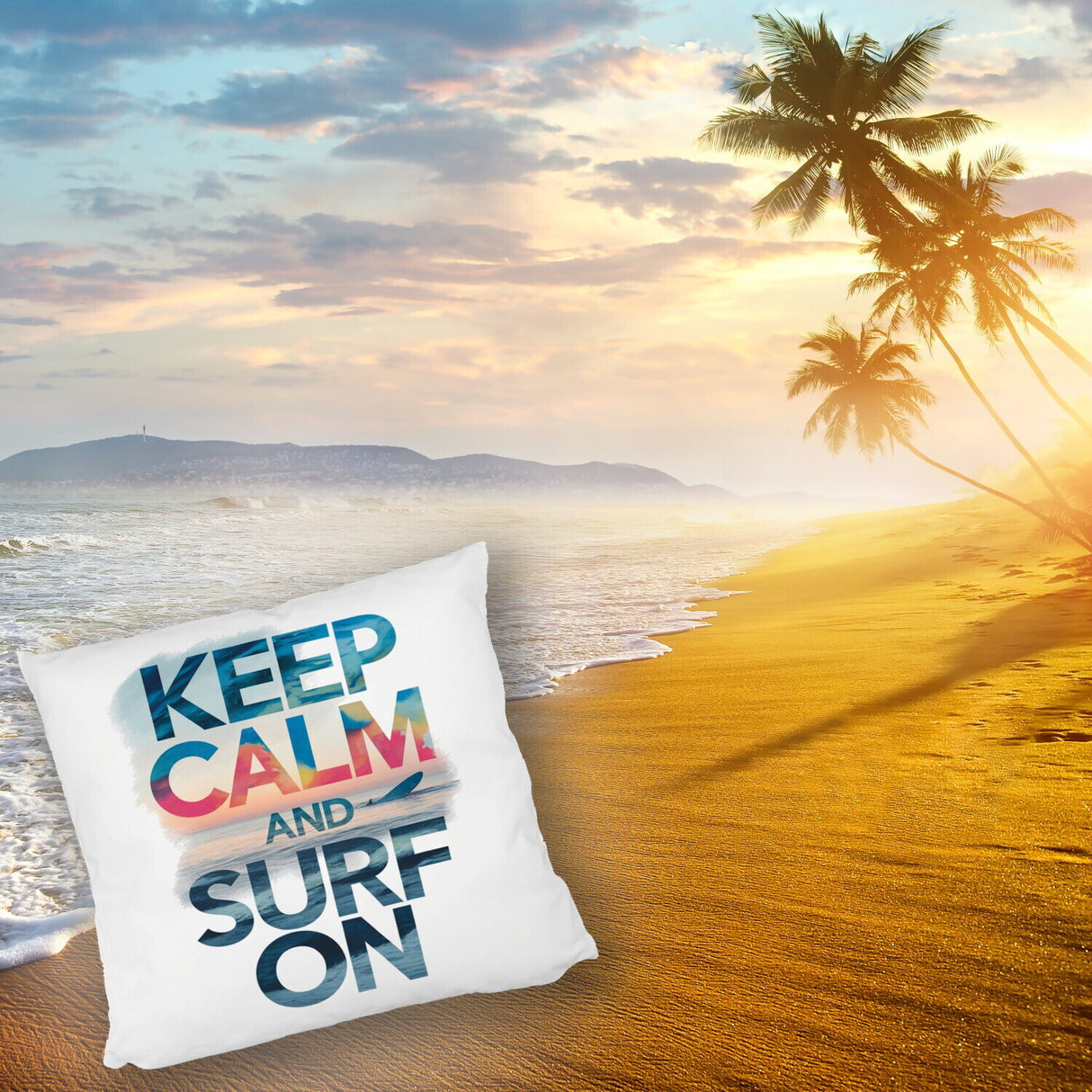 Surfer auf Welle Keep Calm and surf on Kissen