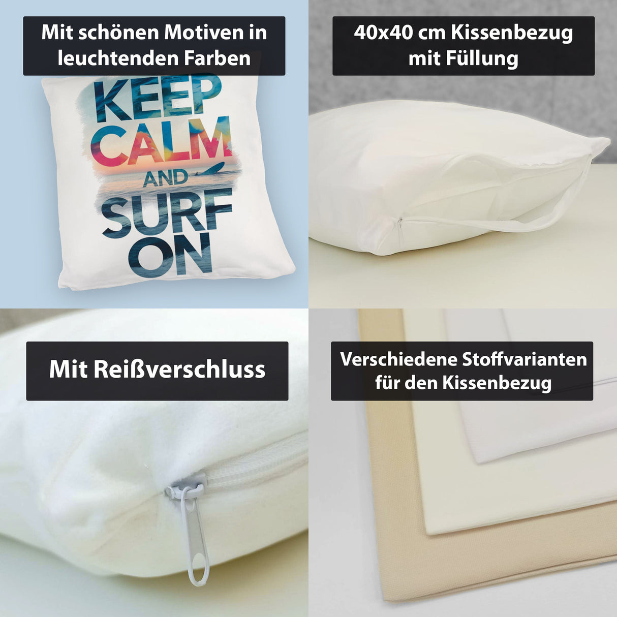 Surfer auf Welle Keep Calm and surf on Kissen