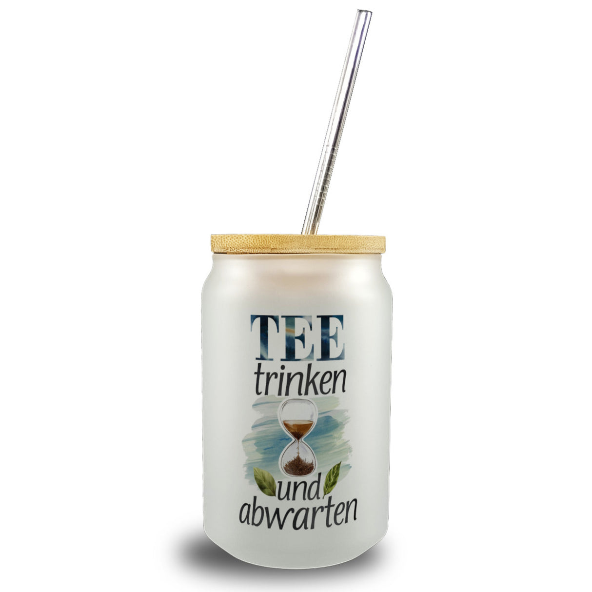 Sanduhr mit Teeblättern Trinkglas mit Bambusdeckel Tee trinken und abwarten