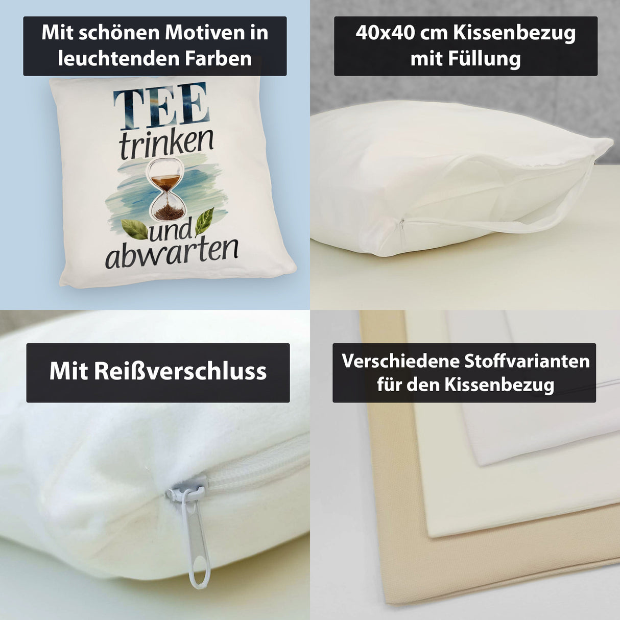 Sanduhr mit Teeblättern Kissen Tee trinken und abwarten