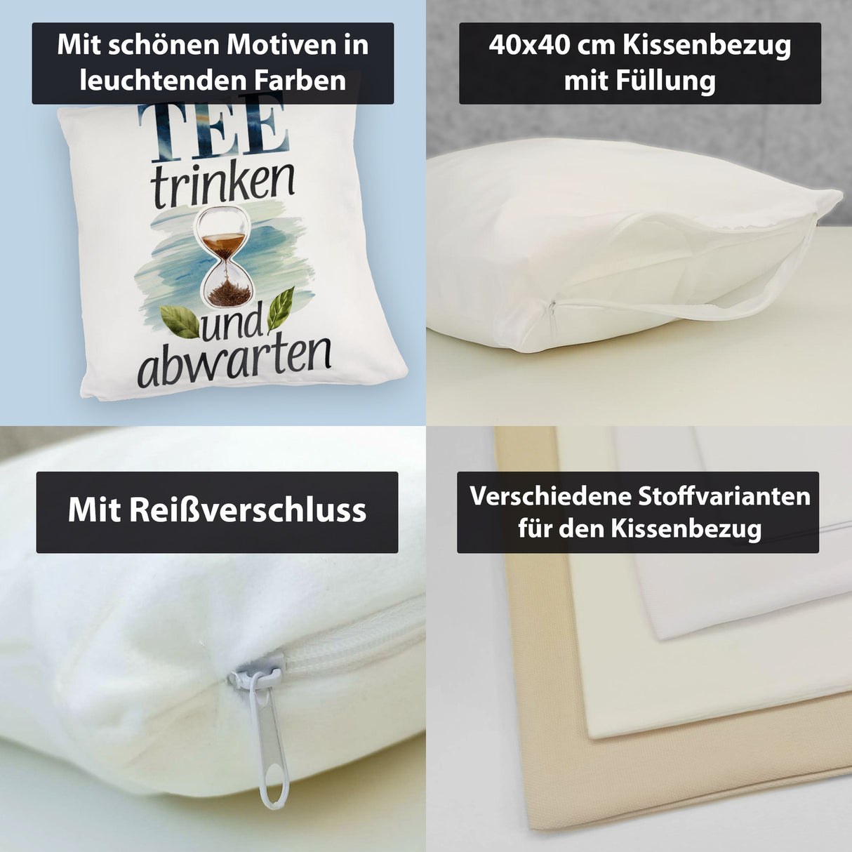 Sanduhr mit Teeblättern Kissen Tee trinken und abwarten