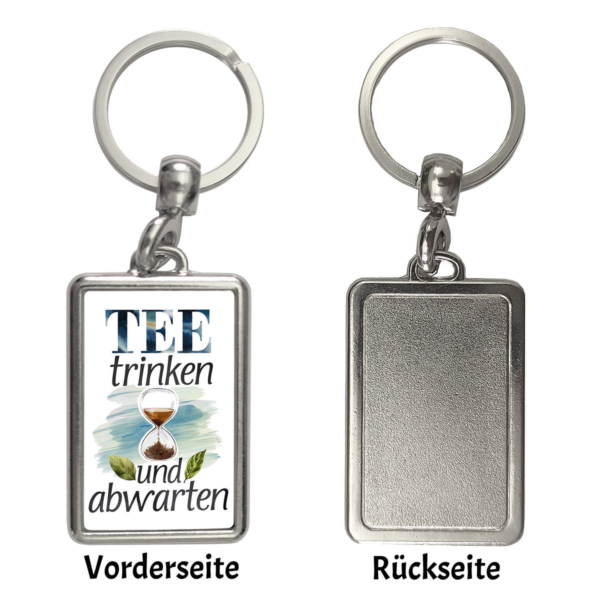 Sanduhr mit Teeblättern Schlüsselanhänger Tee trinken und abwarten
